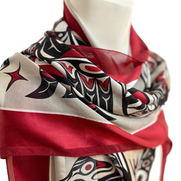 Bill Helin Indigenous Art Silk Scarf – Red & Black – 19” x 56” - Picture 3 of 10